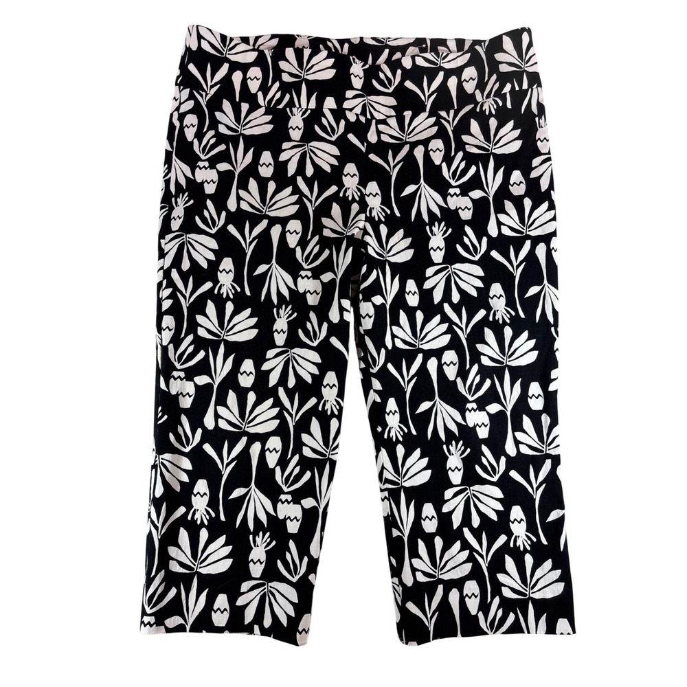 Chicos Brigitte Crop Pants Womens 4 Black White Botanical Leaf Print Pull On 20